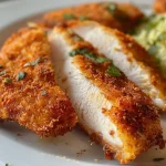['Close-up view of juicy air fryer chicken cutlets, garnished and ready to serve.', 'Side view of seasoned chicken breasts cooked in an air fryer, looking tender and flavorful.', 'Deliciously cooked air fryer chicken cutlets with a golden crust, presented on a plate.', 'Appetizing air fryer chicken, sliced and seasoned, showcasing a crispy exterior.']