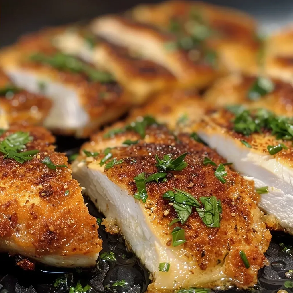 Close-up view of juicy air fryer chicken cutlets, garnished and ready to serve.
