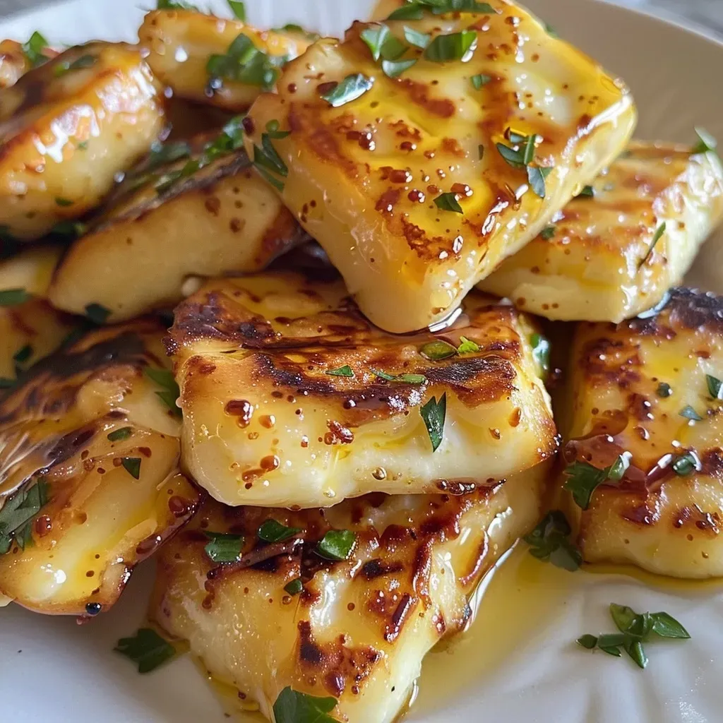 Close-up of golden-brown Air Fryer Halloumi with a crispy exterior.