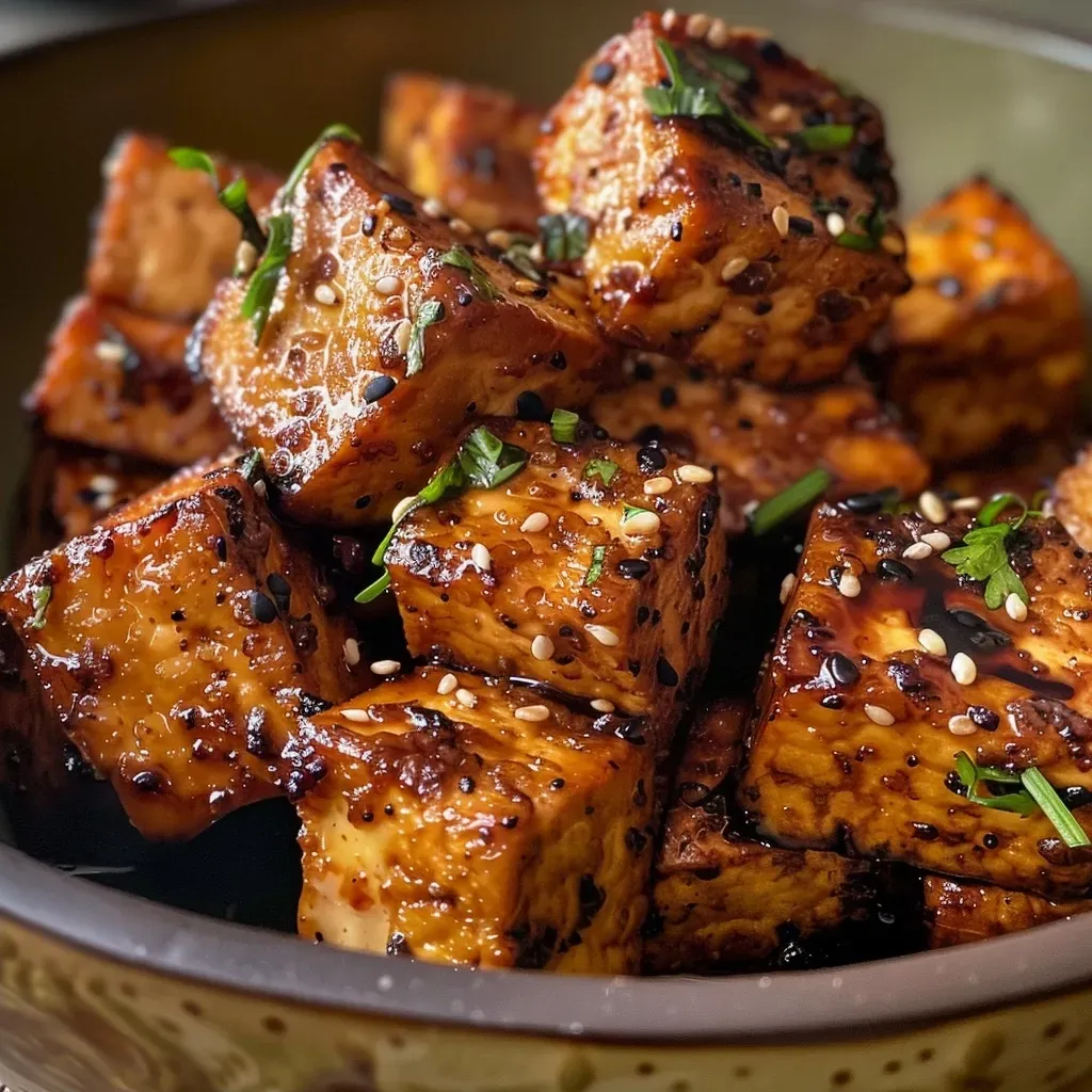 Side view of juicy air fryer tofu garnished with herbs and spices.