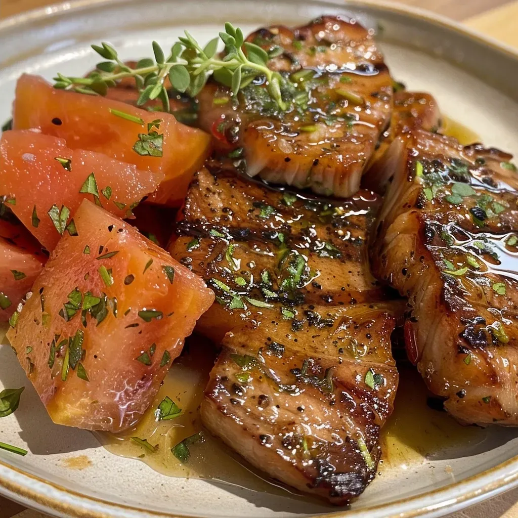 Close-up of air-fried watermelon garnished with fresh herbs.