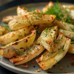 A close-up side view of a juicy air-fried fennel bulb garnished with herbs.