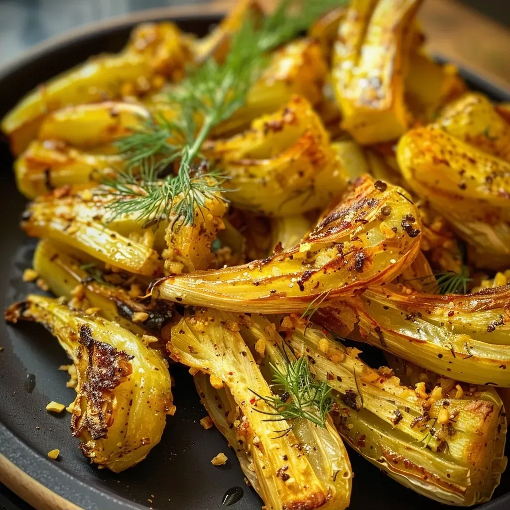 Airfried fennel presented with a golden-brown exterior and fresh herbs.