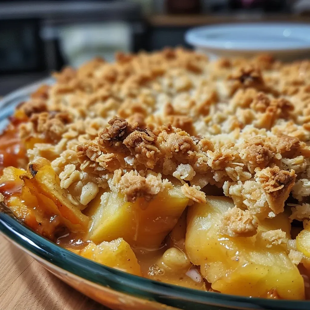 Close-up of juicy Apfel-Mandel-Crumble with Skyr, showcasing a golden crust and diced apples.