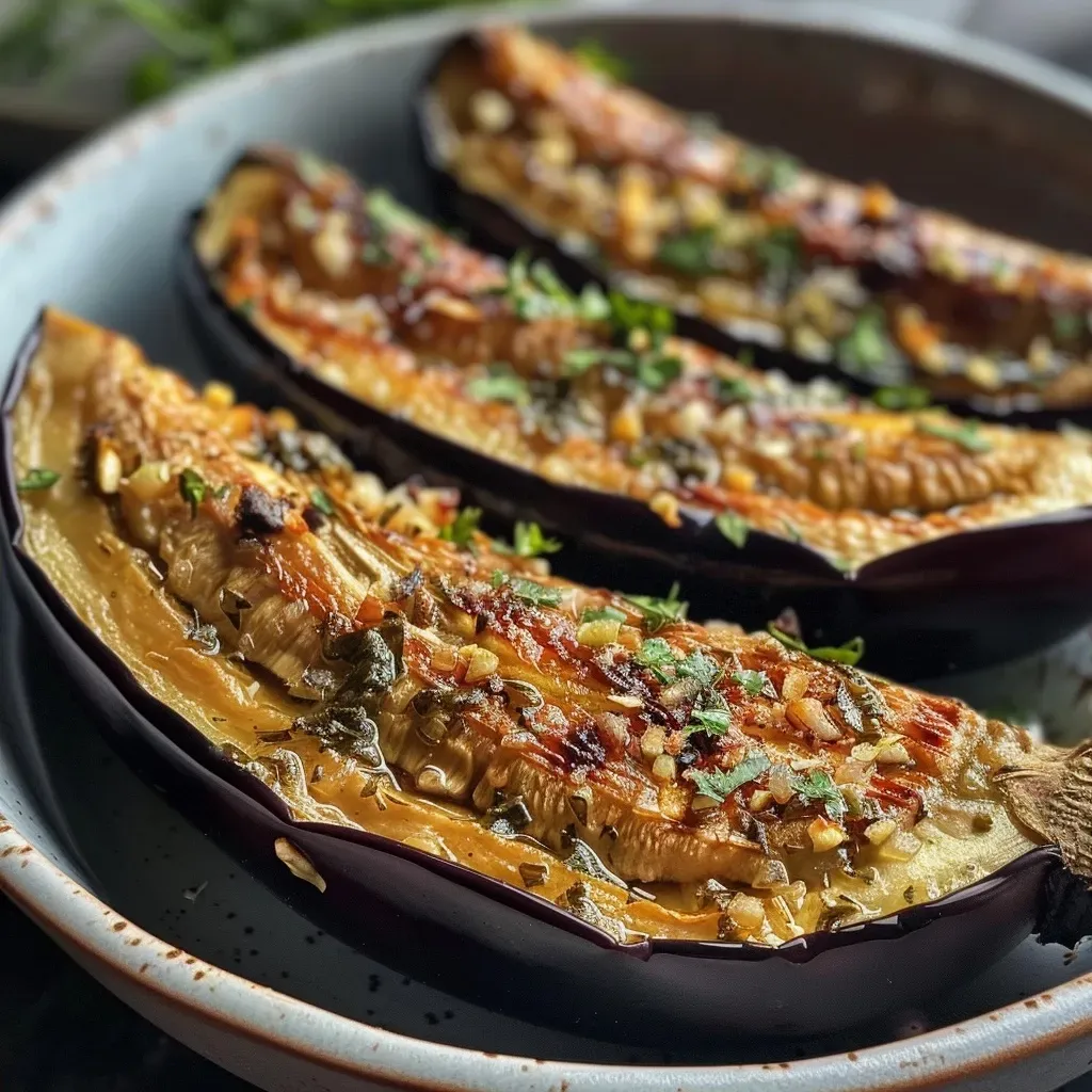 Side view of juicy, air-fried aubergine, garnished with herbs and spices.