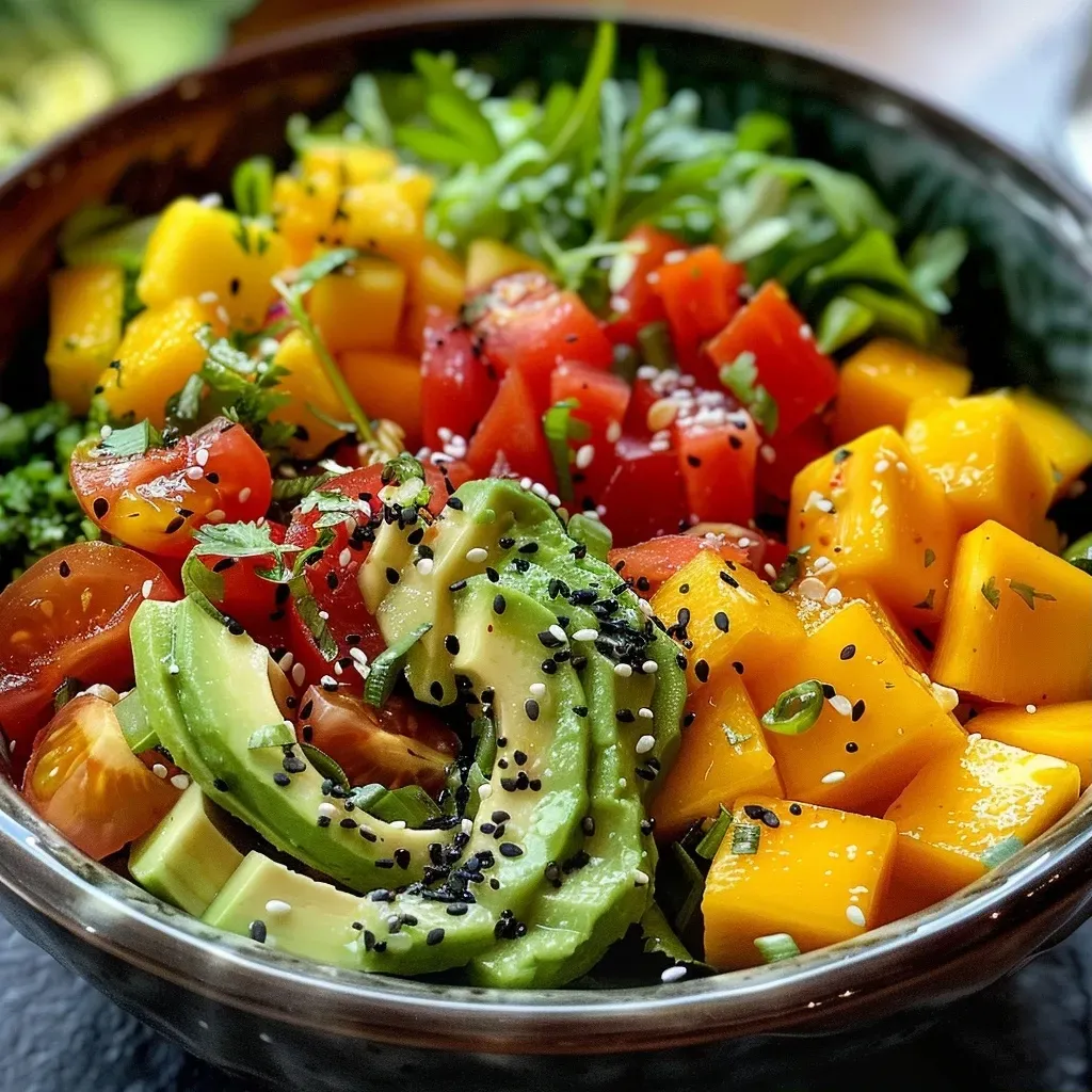Close-up shot of a colorful avocado mango bowl filled with fresh ingredients.