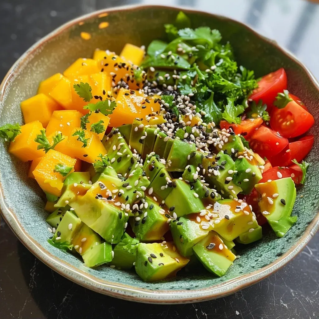 Side view of a vibrant avocado and mango bowl with chicken and vegetables.