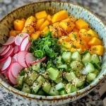 A vibrant avocado mango poke bowl filled with diced avocado, mango, cucumber, and colorful toppings.