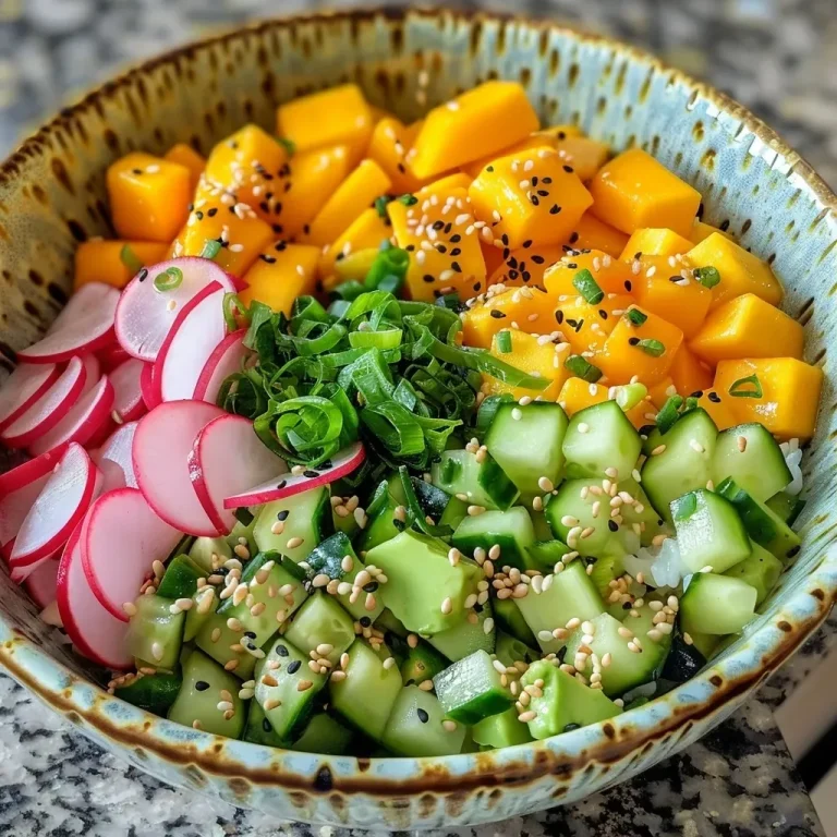 A vibrant avocado mango poke bowl filled with diced avocado, mango, cucumber, and colorful toppings.