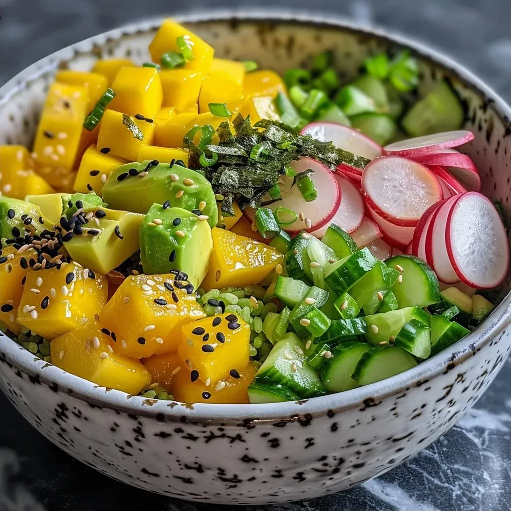 Close-up view of a poke bowl showcasing ripe avocados, mango, and fresh vegetables, garnished with sesame seeds.