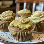 Close-up view of an avocado muffin showcasing its moist texture and vibrant green color.