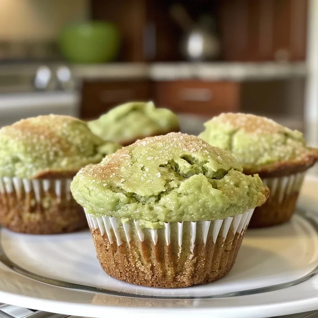 Delicious avocado muffins arranged neatly, highlighting their golden tops and rich, green interiors.