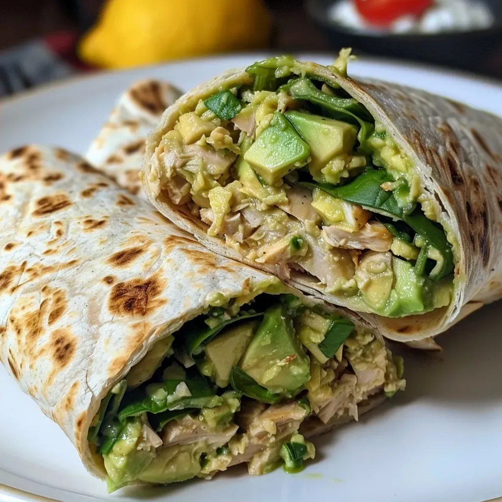 Side shot of a healthy avocado tuna wrap, filled with colorful baby spinach and creamy avocado.