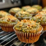 Close-up side view of freshly baked basil pesto muffins showcasing their golden tops.