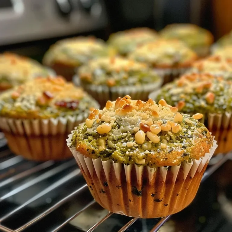 Close-up side view of freshly baked basil pesto muffins showcasing their golden tops.