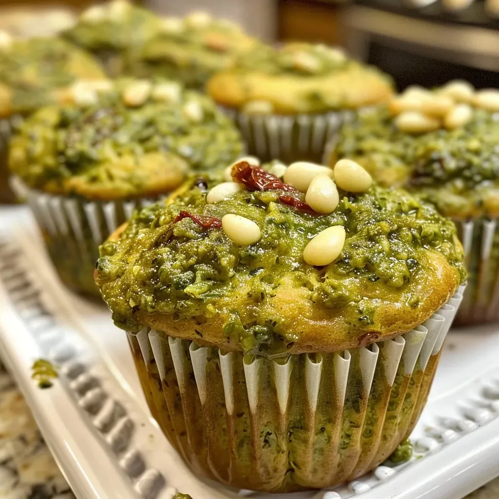 Juicy basil pesto muffins displayed with a textured surface and rich green basil flecks.