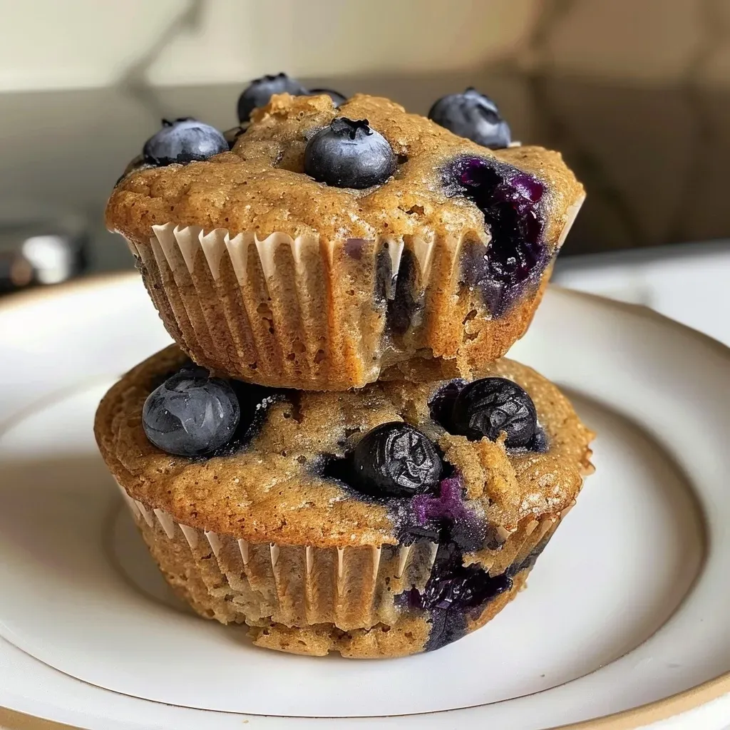 Close-up view of delicious blueberry protein muffins with a golden-brown crust.