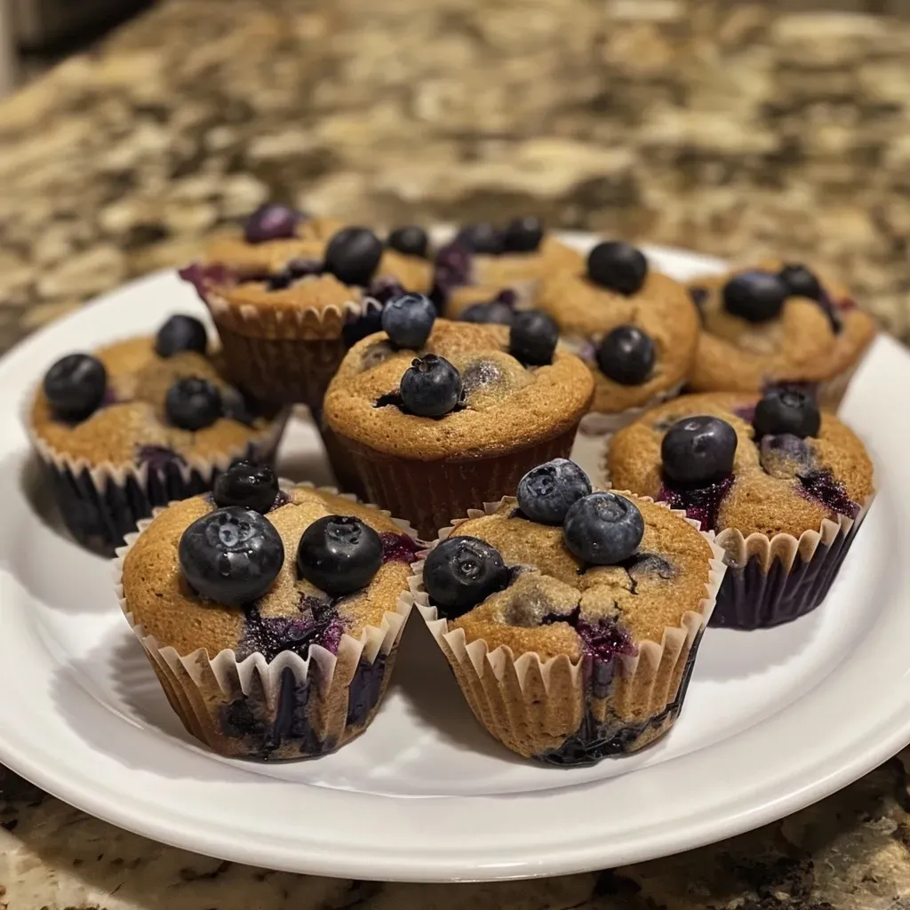 Side angle of freshly baked blueberry protein muffins showcasing juicy blueberries.