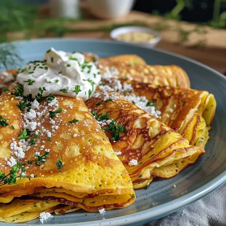 Herzhafte Blumenkohl-Pancakes mit Kräuterquark – Ein Genuss ohne Reue! Close-up view of golden, crispy Blumenkohl pancakes stacked on a plate.