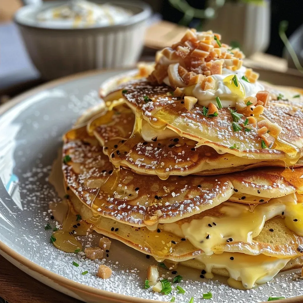 Side view of low-carb Blumenkohl pancakes garnished with fresh herbs.