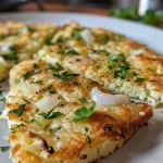 Close-up of golden-brown cauliflower pancakes on a plate.