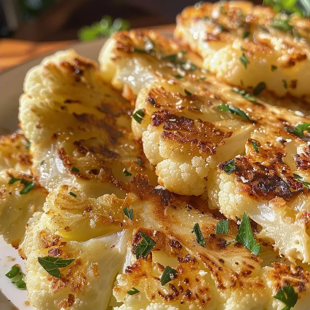 Side view of crispy cauliflower pancakes with a sprinkle of parsley.