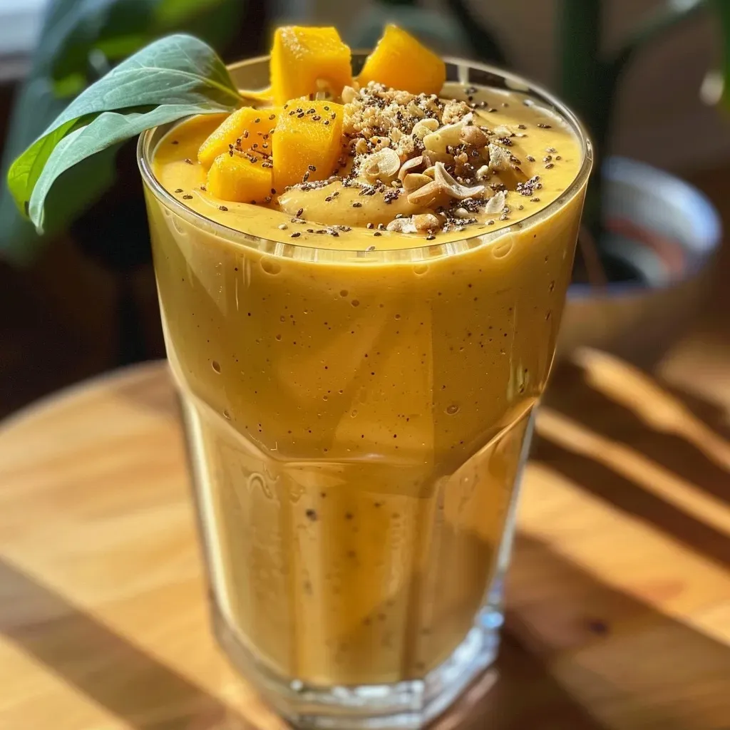 Side view of a vibrant green Blumenkohlsmoothie with fresh fruit ingredients arranged nearby.