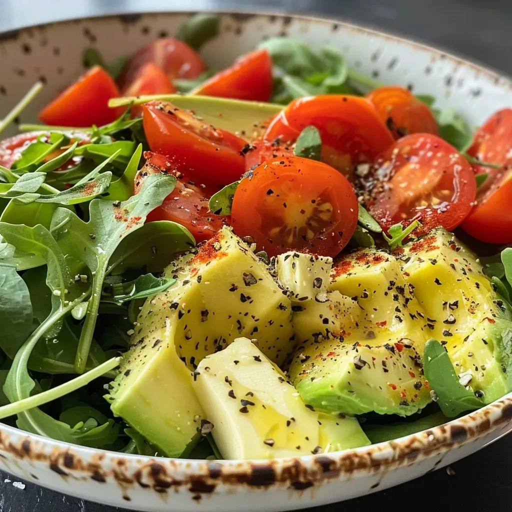 A close-up of a bowl filled with fresh salad ingredients including arugula, tomatoes, avocado, and goat cheese.