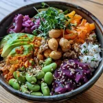 A close-up view of a colorful Buddha Bowl featuring jasmine rice, carrots, red cabbage, edamame, spring onions, cucumber, and avocado.
