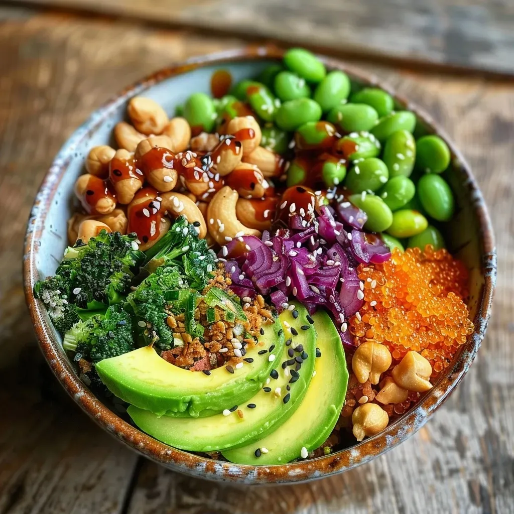 A vibrant Buddha Bowl filled with an assortment of fresh vegetables, rice, and garnished with peanuts, viewed from the side.
