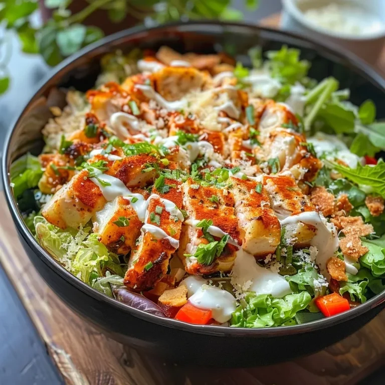 Die perfekte Ceasar Hähnchen Bowl für ein gesundes Mittagessen A close-up side view of a Caesar chicken bowl featuring juicy chicken, crisp lettuce, and vibrant toppings.