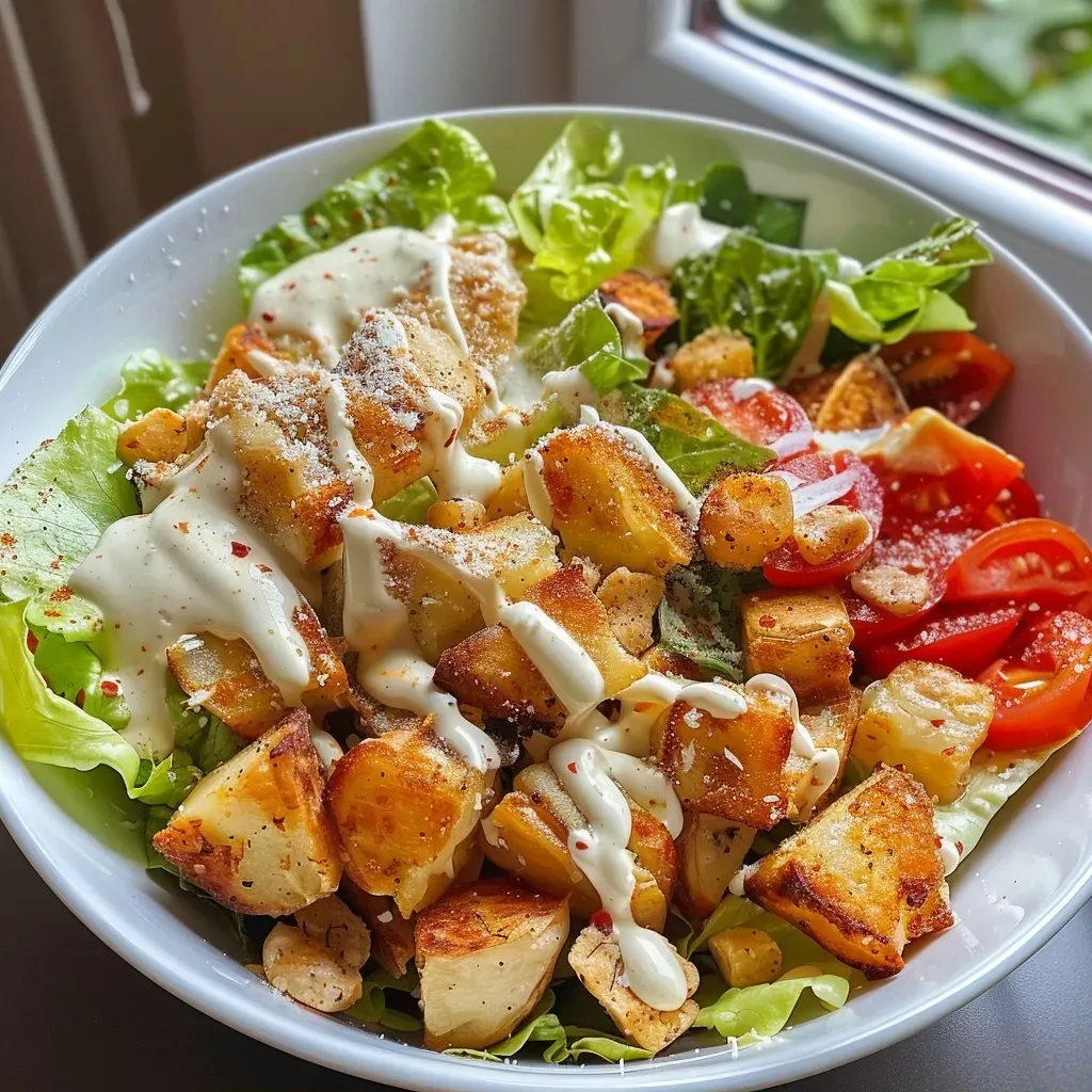 A beautifully arranged Caesar chicken bowl with golden-brown chicken, fresh greens, and a creamy dressing.