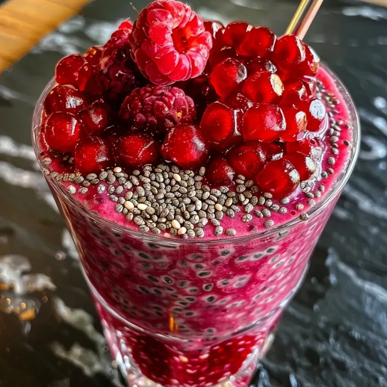 Erfrischender Chia-Granatapfel-Smoothie mit einem Hauch Minze Close-up of a Chia Granatapfel Smoothie in a clear glass with mint leaves on top.