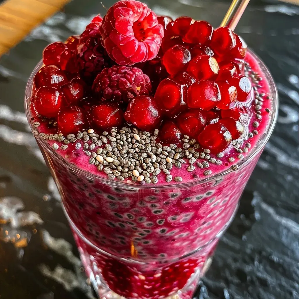Close-up of a Chia Granatapfel Smoothie in a clear glass with mint leaves on top.