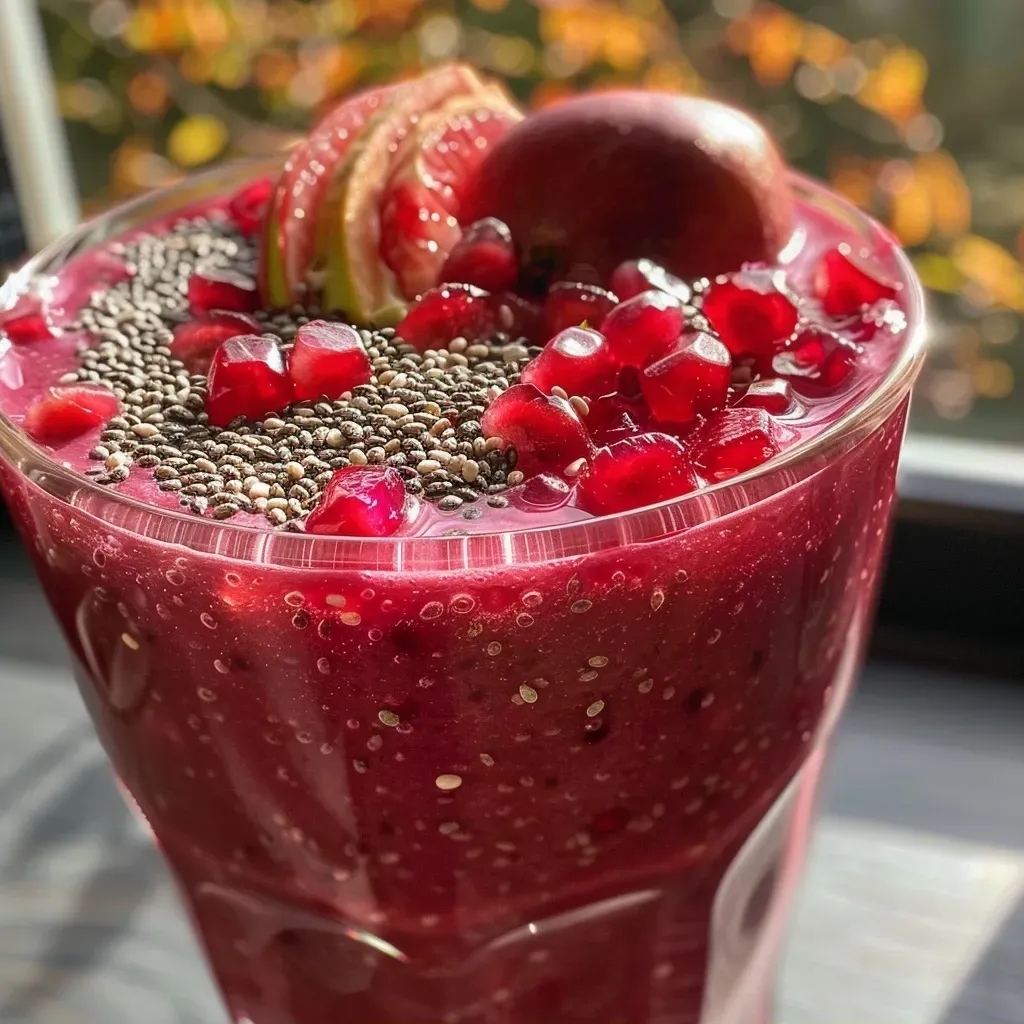Side view of a vibrant pink Chia Granatapfel Smoothie featuring pomegranate seeds and mint.