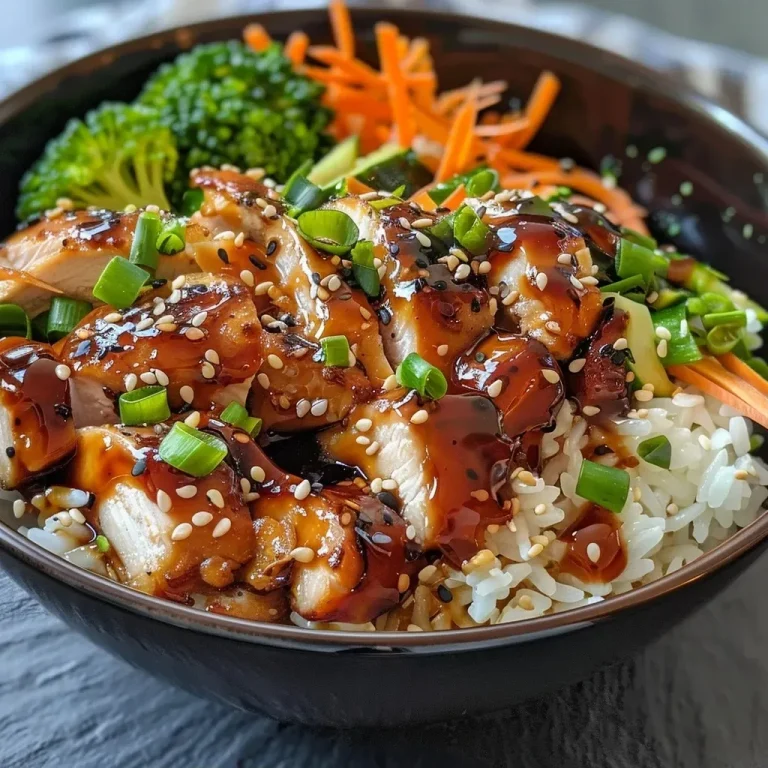 A close-up view of a colorful Chicken Teriyaki Meal Prep Bowl with rice, chicken, and vegetables.