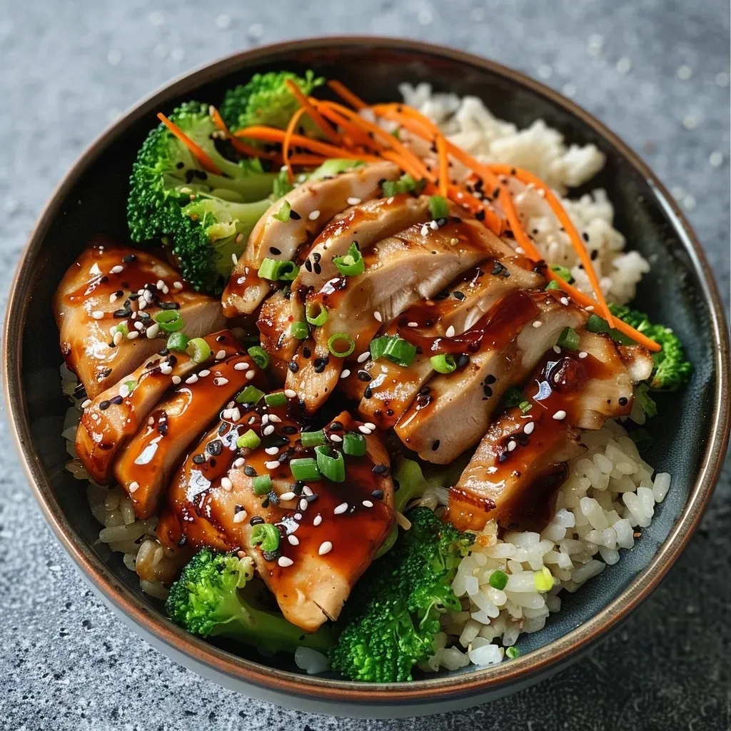 Side view of a delicious Chicken Teriyaki bowl featuring chicken, broccoli, and garnishes.