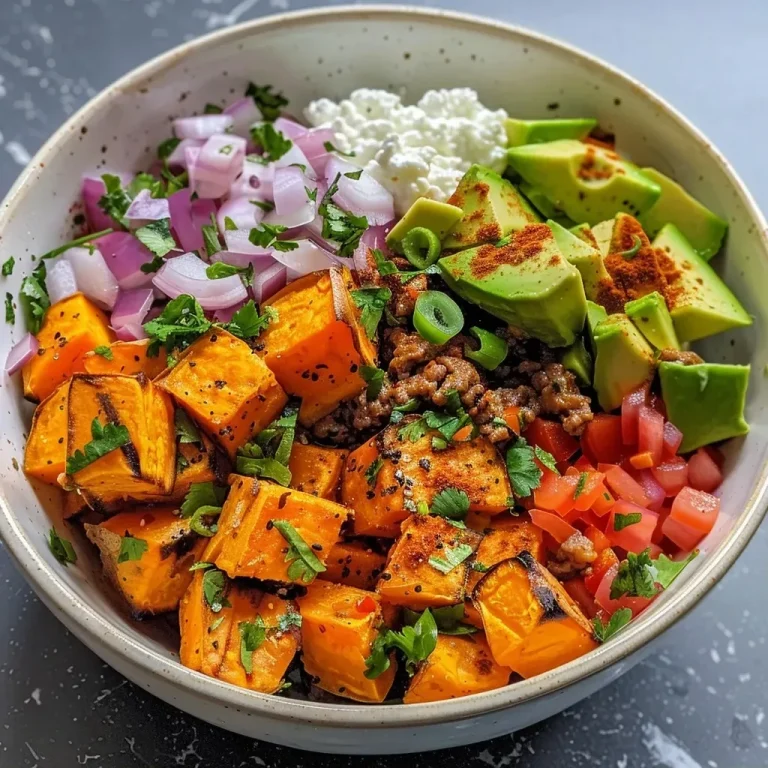 Close-up view of a Ground Beef Cottage Cheese Bowl featuring diced sweet potatoes and garnishes.