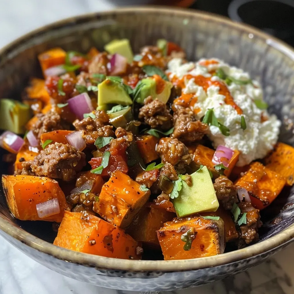 Side angle of a delicious Cottage Cheese Bowl with ground beef and a sprinkle of red pepper flakes.