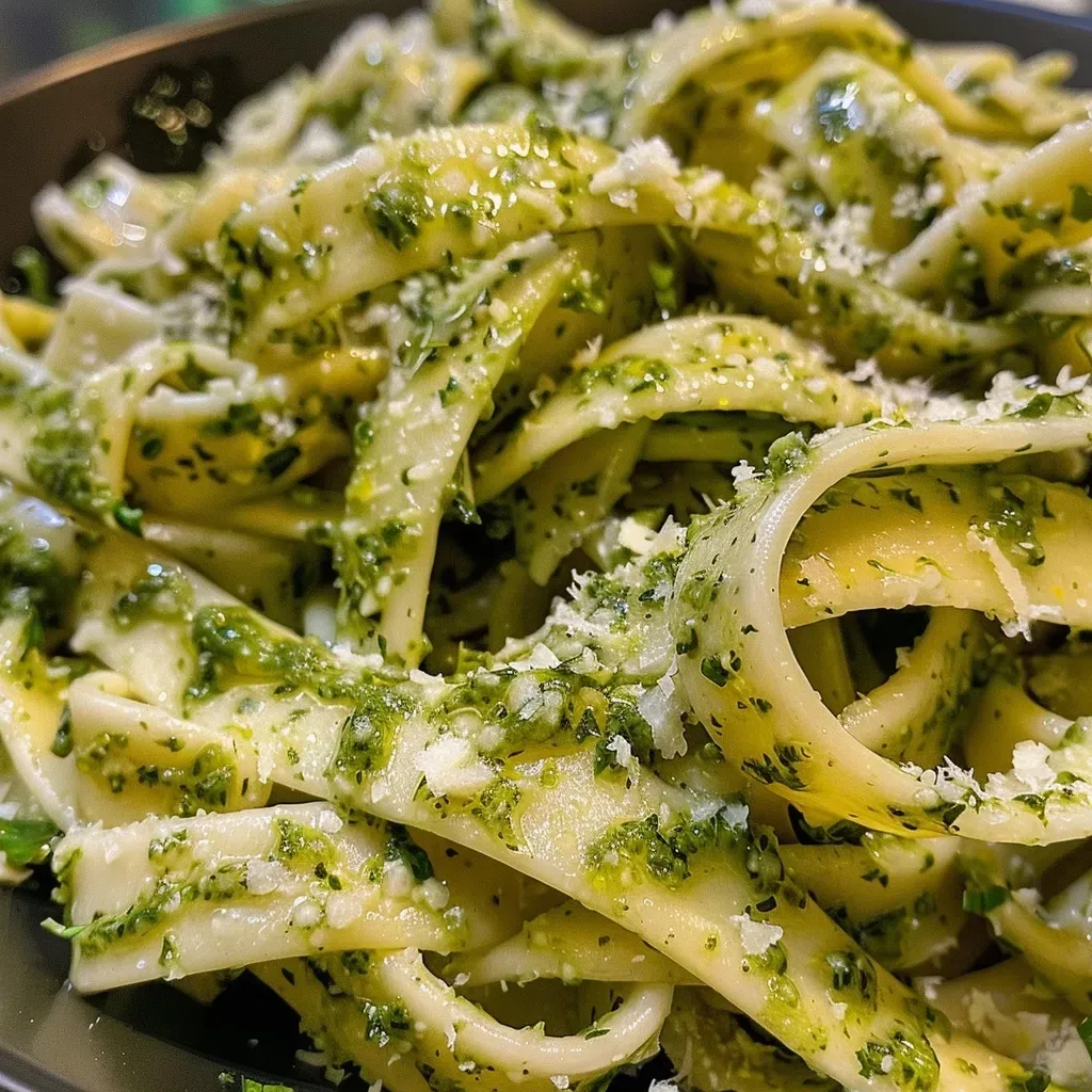 Close-up of creamy pesto sauce glistening in a bowl with herbs.