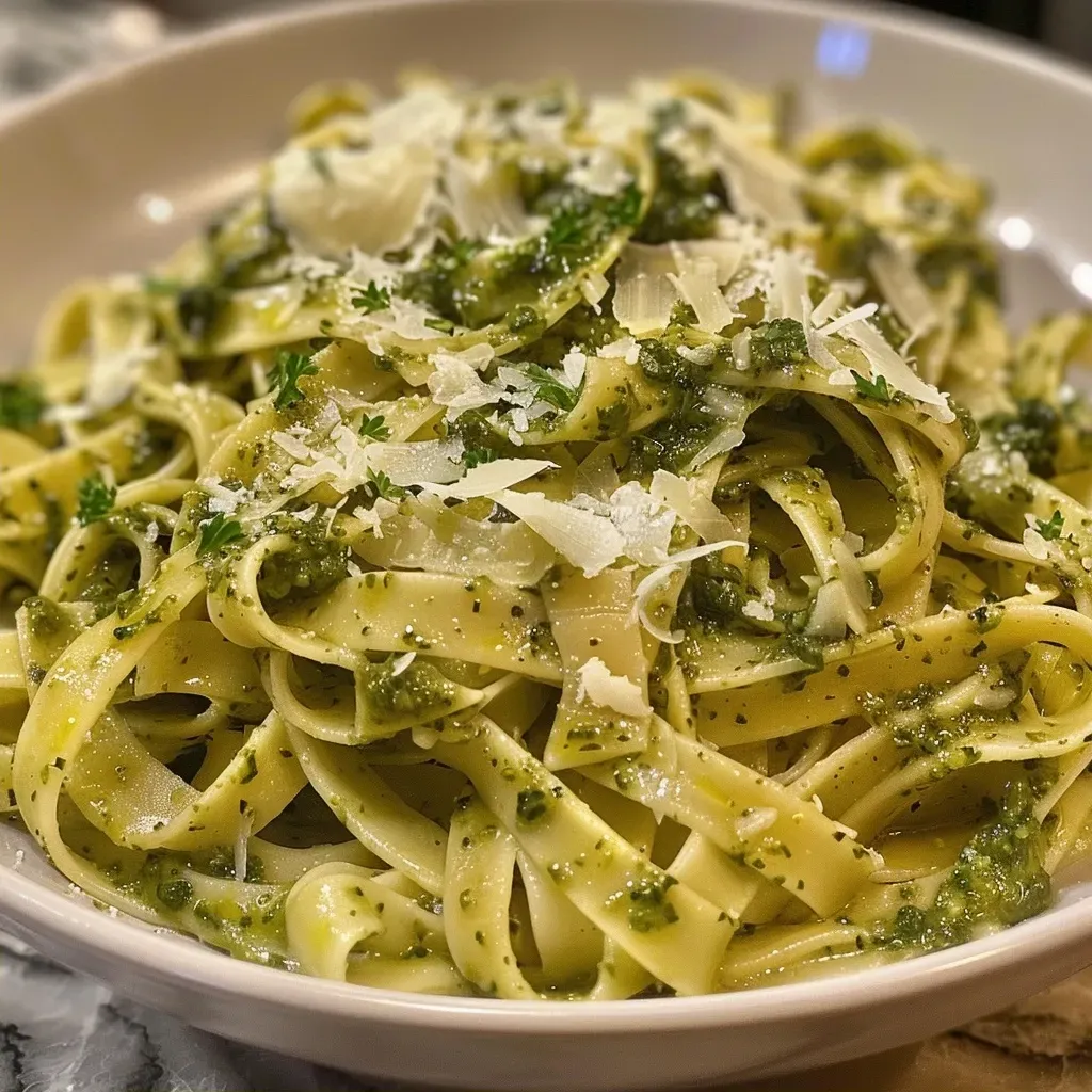 Side view of rich, green pesto sauce next to cooked fettuccine.