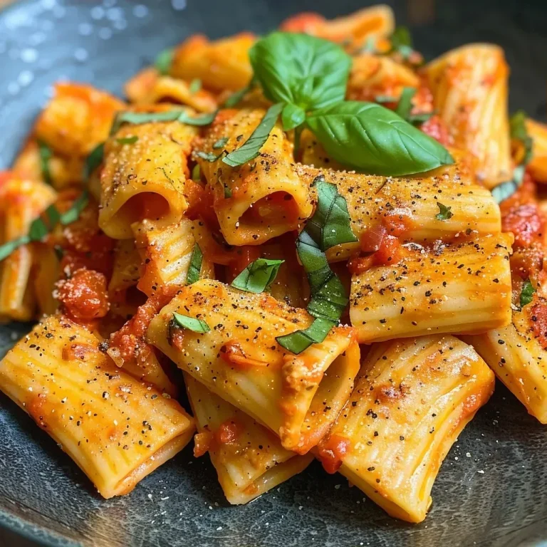 Creamy tomato sauce pasta with basil leaves and grated Parmesan cheese.