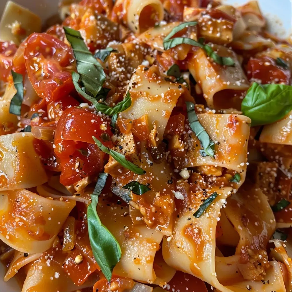 Close-up view of pasta coated in rich, creamy tomato sauce, garnished with fresh basil.