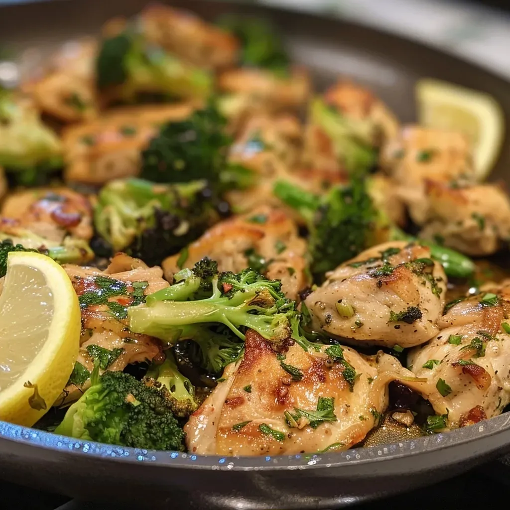 Side view of creamy chicken and broccoli dish, highlighting tender chicken and vibrant green broccoli.
