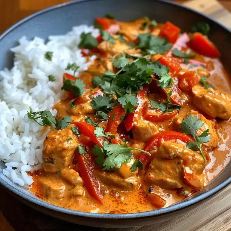 ['Close-up of a creamy chicken curry bowl with vibrant red pepper and herbs.', 'Side view of a delicious chicken curry with a rich sauce, served over white rice.', 'Juicy chicken pieces in a creamy paprika sauce, garnished with cilantro in a bowl.', 'Bowl of creamy paprika chicken curry showcasing colorful ingredients and rice.']