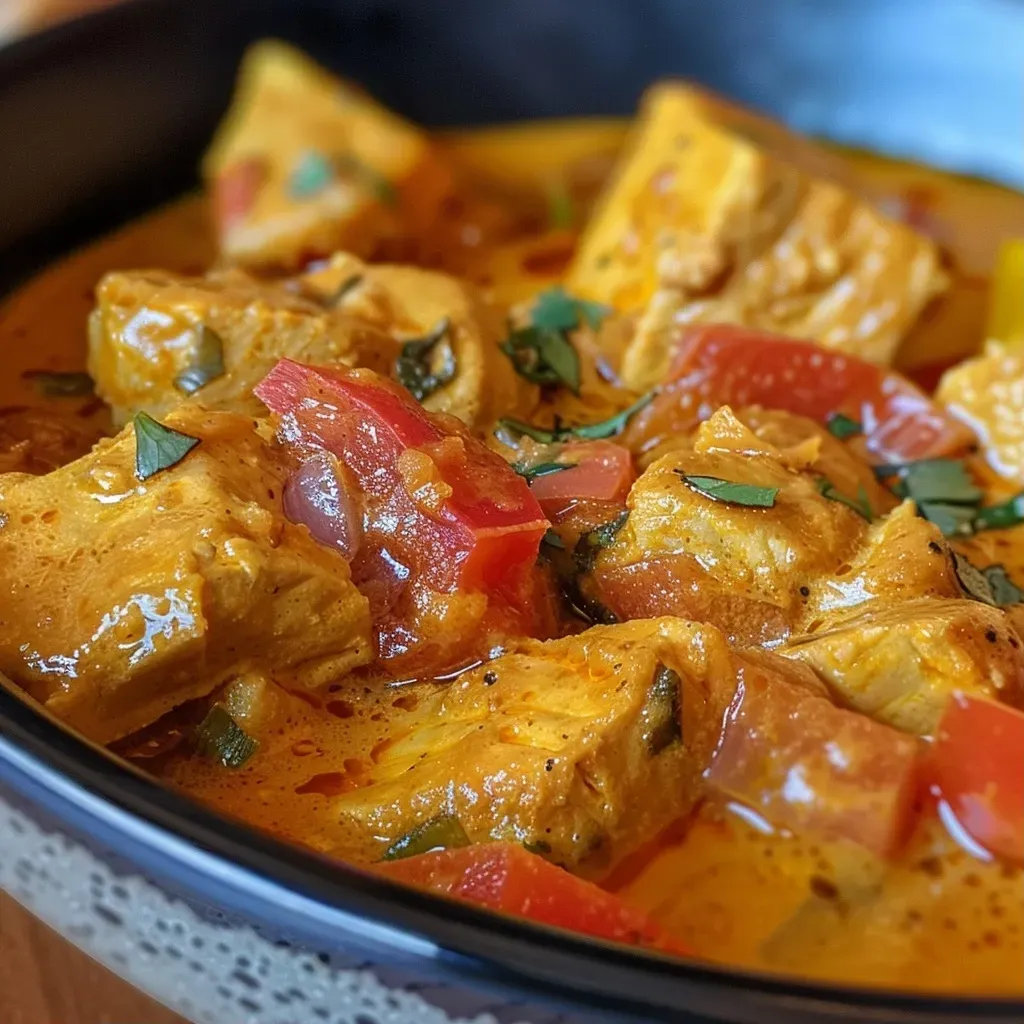 A creamy paprika chicken curry served in a bowl with rice and golden potatoes, viewed from the side.