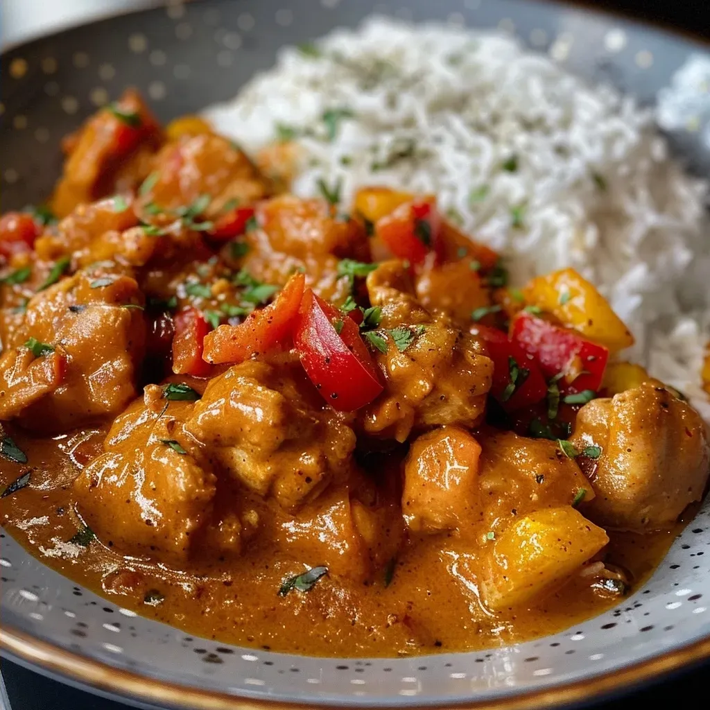 A creamy paprika chicken curry served in a bowl with rice and golden potatoes, viewed from the side.