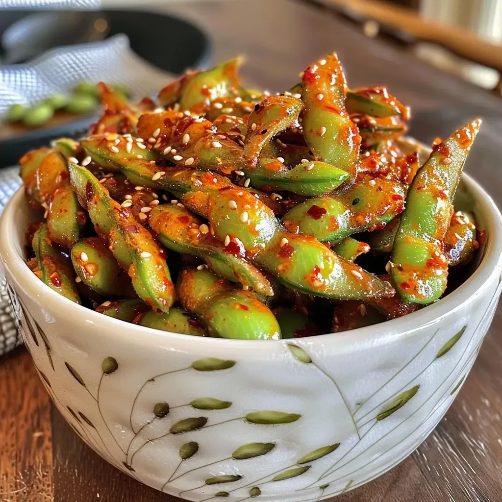 Juicy, golden-brown edamame pods arranged in a bowl.