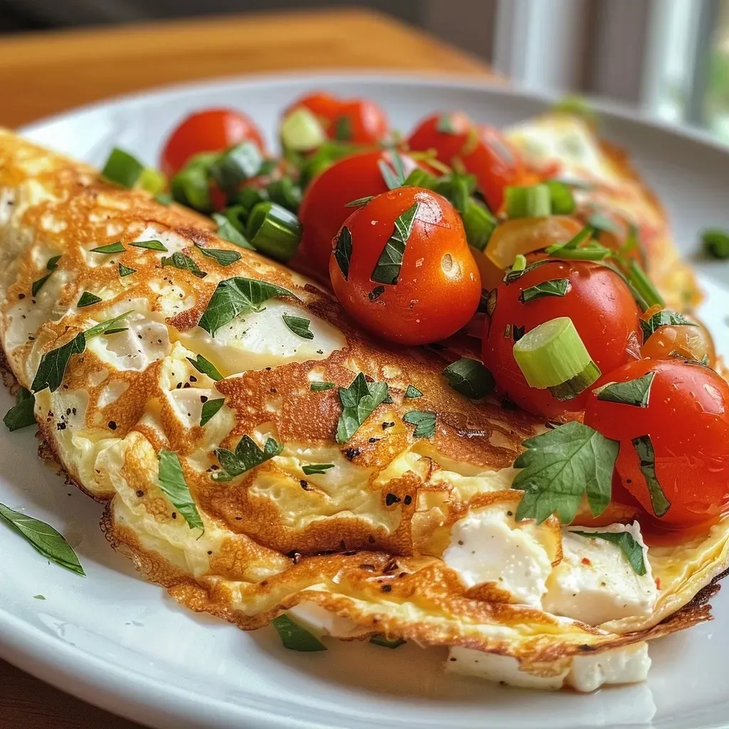 Close-up view of a crispy feta and tomato omelette with a golden-brown exterior and vibrant toppings.