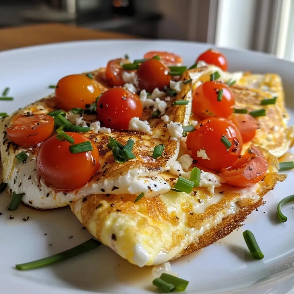 Side view of a fluffy omelette filled with feta cheese, cherry tomatoes, and diced chicken.